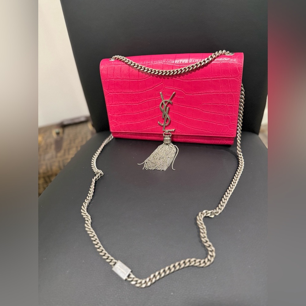 YSL Calfskin Croc Embossed Medium Classic Monogram Kate Tassel Fuchsia